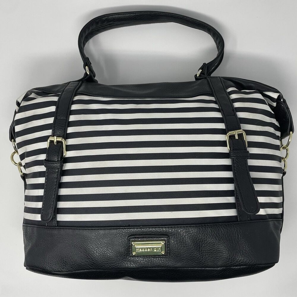Madden girl black-and-white stripe weekender handbag vegan‎ leather